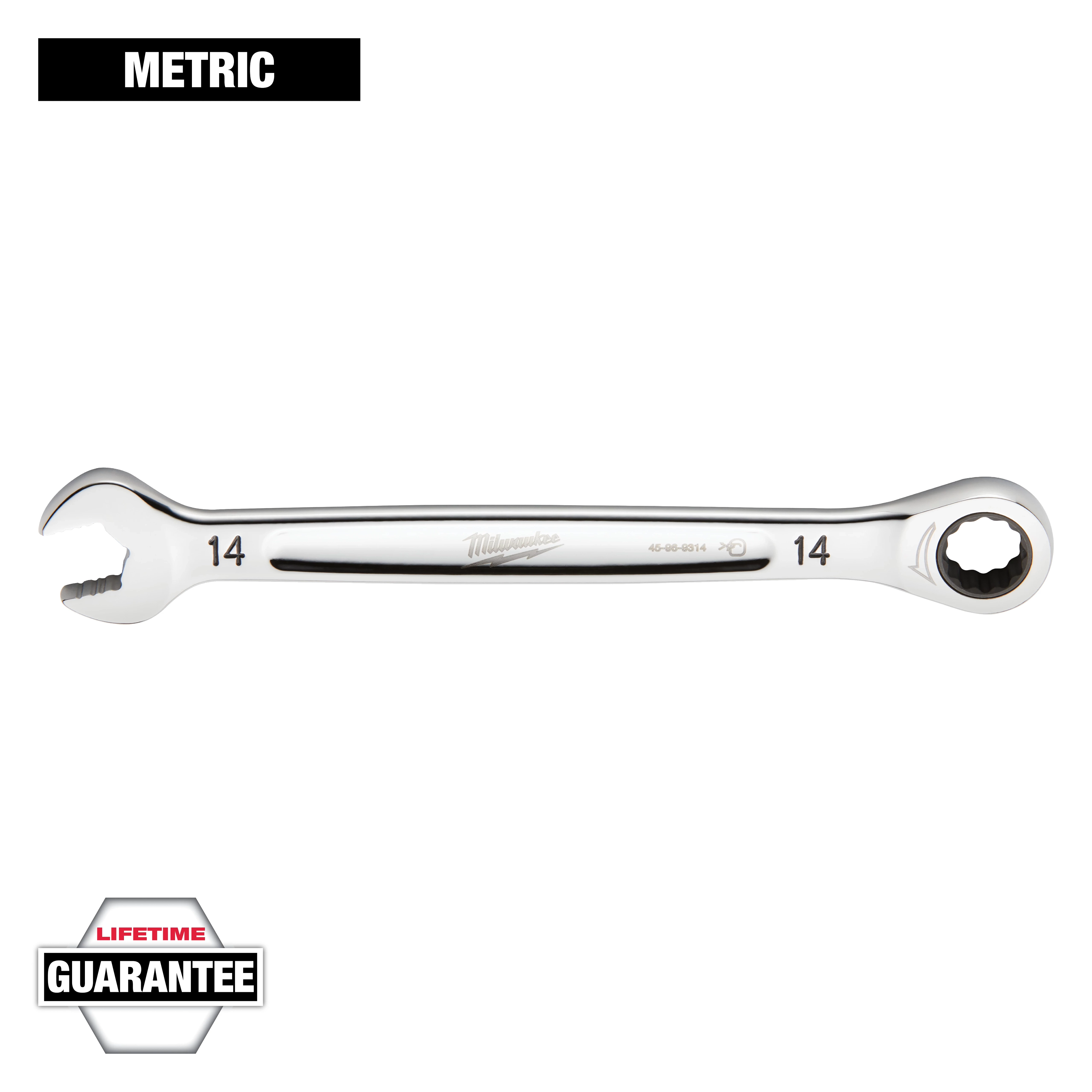 A 14 mm Milwaukee metric wrench with one open-end and one closed-end, featuring the brand's name in the center. The wrench comes with a lifetime guarantee, as indicated by a hexagon-shaped logo in the bottom left corner of the image.
