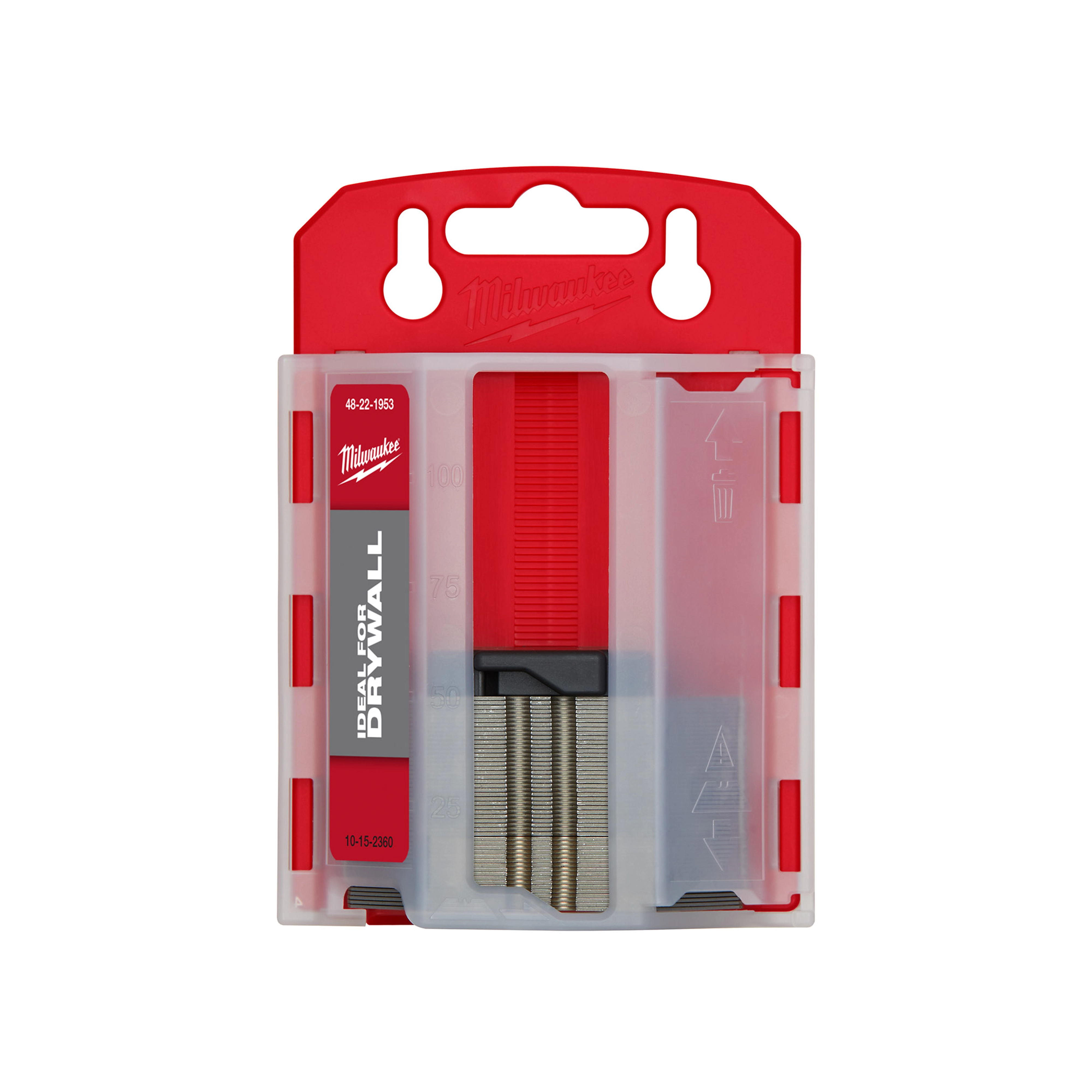Drywall Utility Blades, 50 pack in a transparent plastic case with a red handle, labeled "Ideal for Drywall."