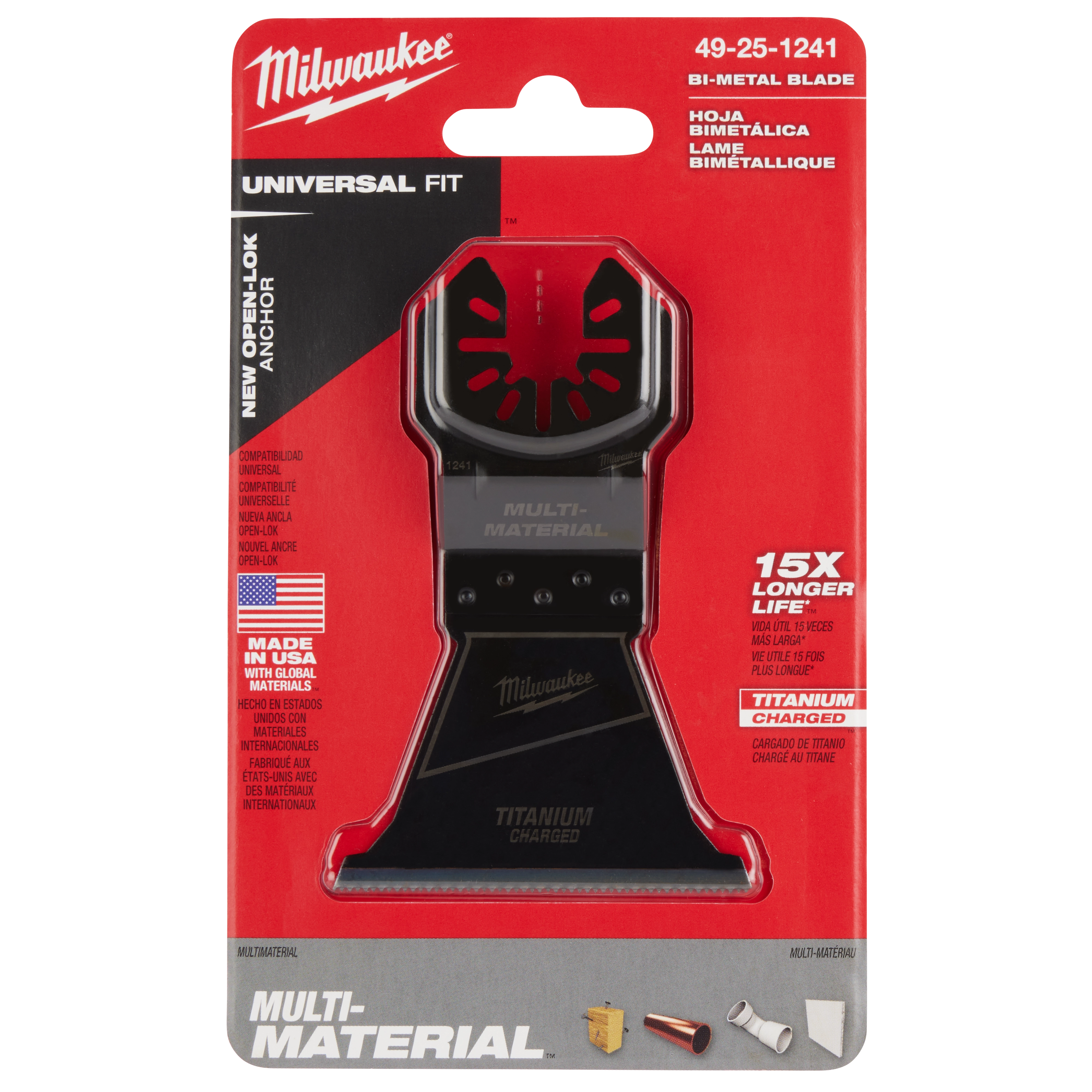 Milwaukee Universal Fit 2-1/2" Titanium Charged Bi-Metal Multi-Material Multi-Tool Blade in red packaging, model 49-25-1241.
