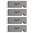 Four Milwaukee 1/2"-3/4" High Speed NPT Universal Pipe Threading Dies arranged vertically, featuring the brand logo and specifications.
