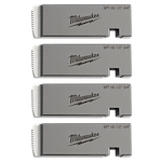 Four Milwaukee 1/2"-3/4" High Speed NPT Universal Pipe Threading Dies arranged vertically, featuring the brand logo and specifications.