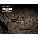 USB Rechargeable 800L Compact Flashlight in muddy water showing its durability features: waterproof, dustproof, and impact-resistant.