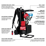 Milwaukee backpack tool with annotations highlighting features like adjustable harness, wireless remote, and compatibility with Oztec accessories.