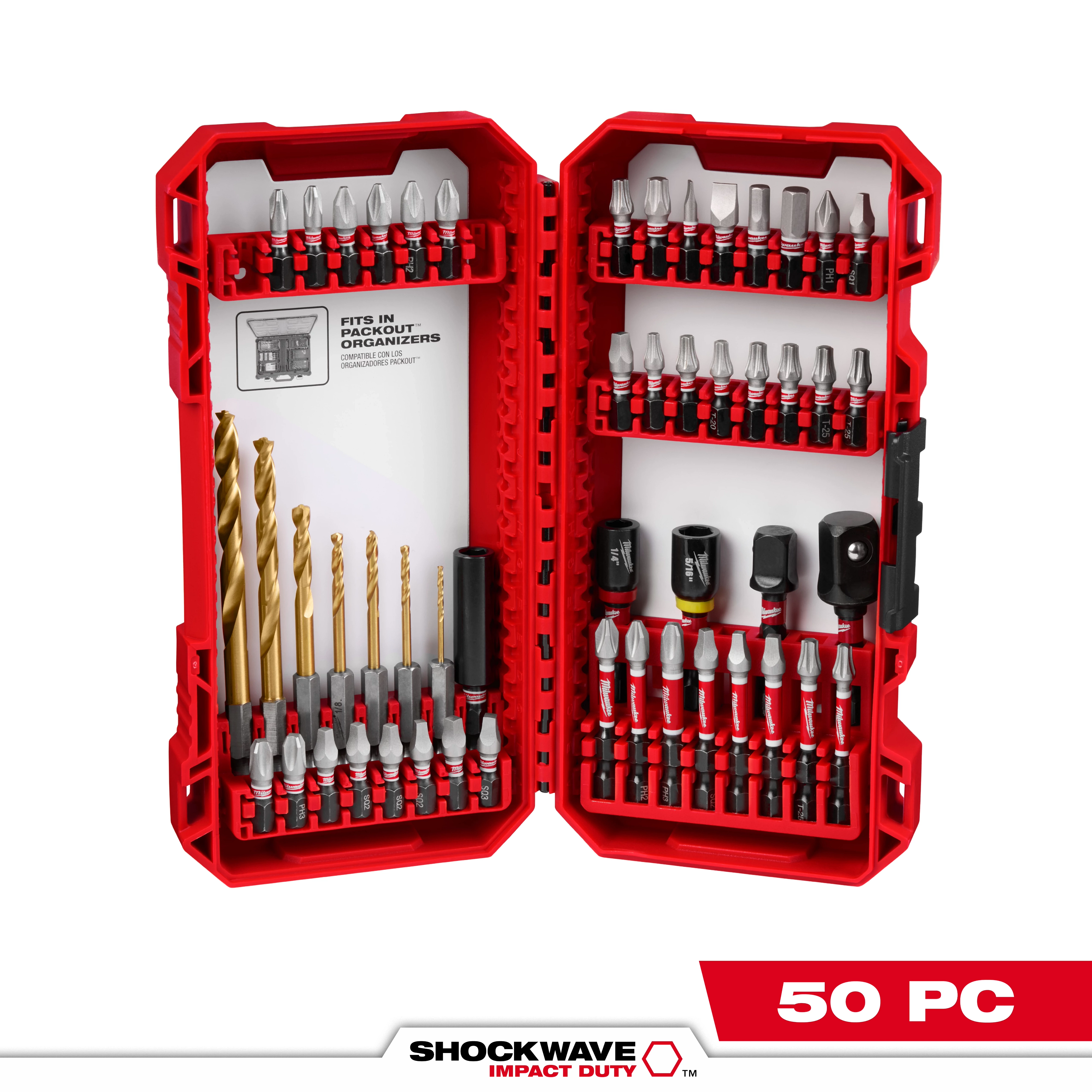 Open red case displaying the SHOCKWAVE™ Impact Duty Drill & Drive Set – 50PC. The set includes various drill bits, driver bits, and accessories neatly organized. The SHOCKWAVE™ logo and "50 PC" are visible on the bottom of the image.
