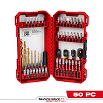 Open red case displaying the SHOCKWAVE™ Impact Duty Drill & Drive Set – 50PC. The set includes various drill bits, driver bits, and accessories neatly organized. The SHOCKWAVE™ logo and "50 PC" are visible on the bottom of the image.