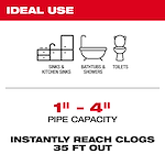 The product is ideal for sinks and kitchen sinks, bathtubs and showers, and toilets with a pipe capacity range of 1 to 4 inches. It can instantly reach clogs 35 feet out.
