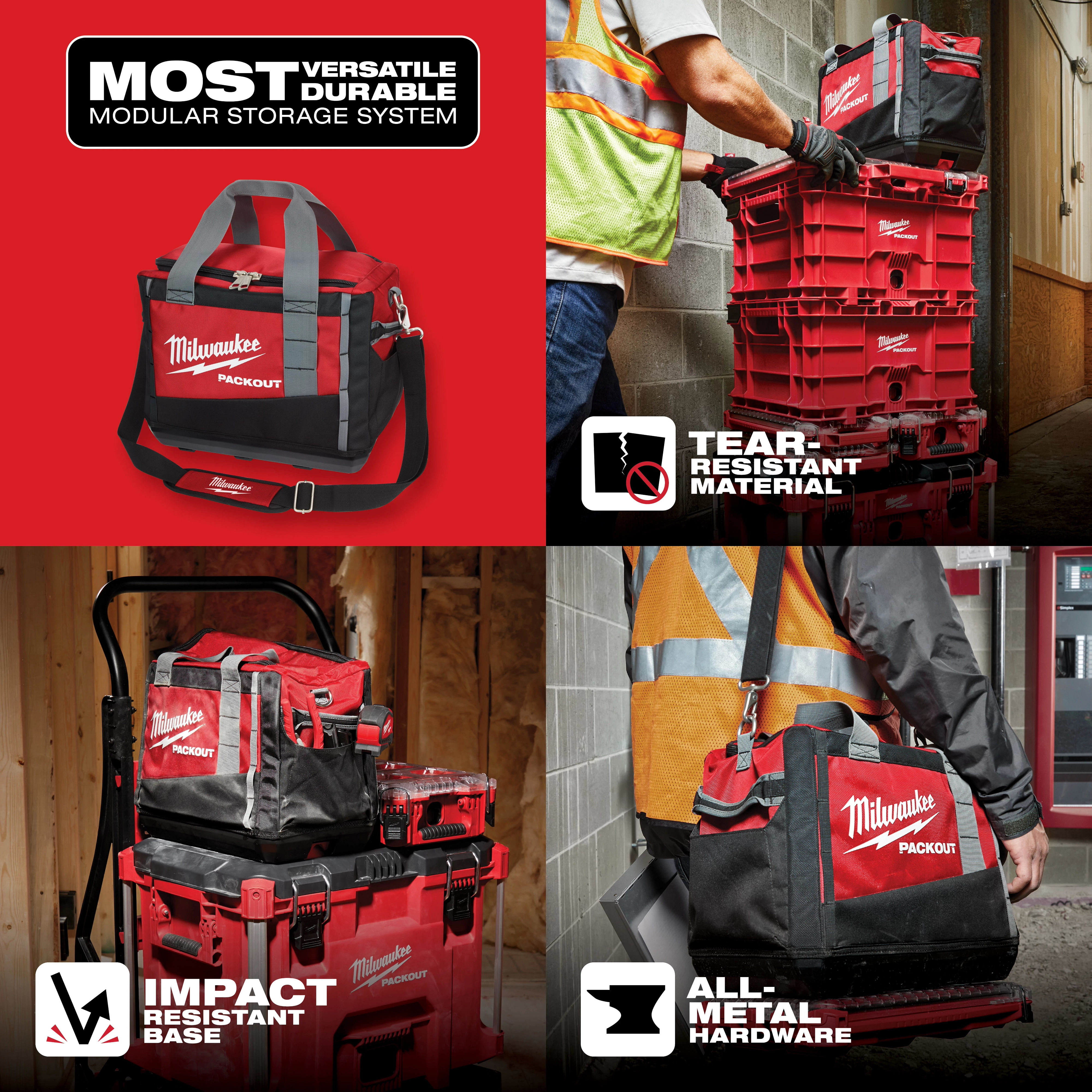 Milwaukee Packout modular storage system featuring a tear-resistant bag, an impact-resistant base, and all-metal hardware.