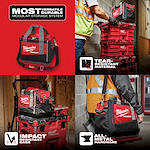 Milwaukee Packout modular storage system featuring a tear-resistant bag, an impact-resistant base, and all-metal hardware.