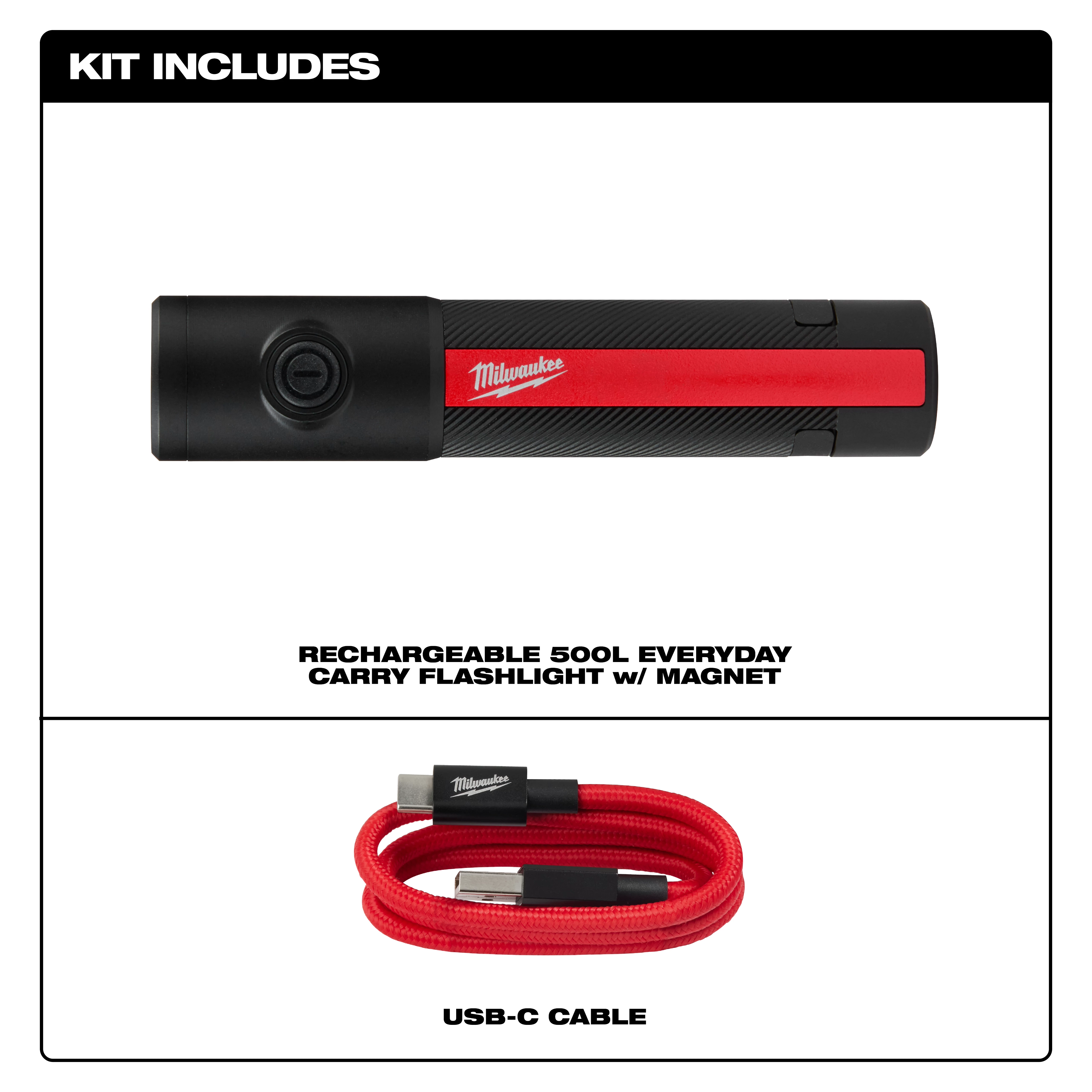 This image shows the Milwaukee® Rechargeable 500L Everyday Carry Flashlight w/ Magnet, which includes a compact flashlight and a red USB-C cable for charging.