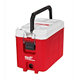 The PACKOUT™ 16QT Compact Cooler, manufactured by Milwaukee, is a red and white cooler with a black carry handle and secure latch. It features a sturdy design and is suitable for keeping beverages and food items cold.