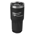 Black PACKOUT 30oz Tumbler with a stainless steel rim, clear lid, and silver Milwaukee logo and text.