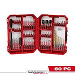 The image shows an open red case containing the SHOCKWAVE™ Impact Duty Drill & Drive Set - 60PC. The set includes various drill bits and driver bits organized neatly in rows. The bottom right corner of the image displays the text "60 PC".