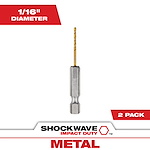 The SHOCKWAVE 1/16 in. Titanium Twist Drill Bit, shown in a 2-pack, has a 1/16-inch diameter and is designed for impact duty. The bit has a hexagonal shank for secure fastening and a titanium coating for durability and metal drilling applications.