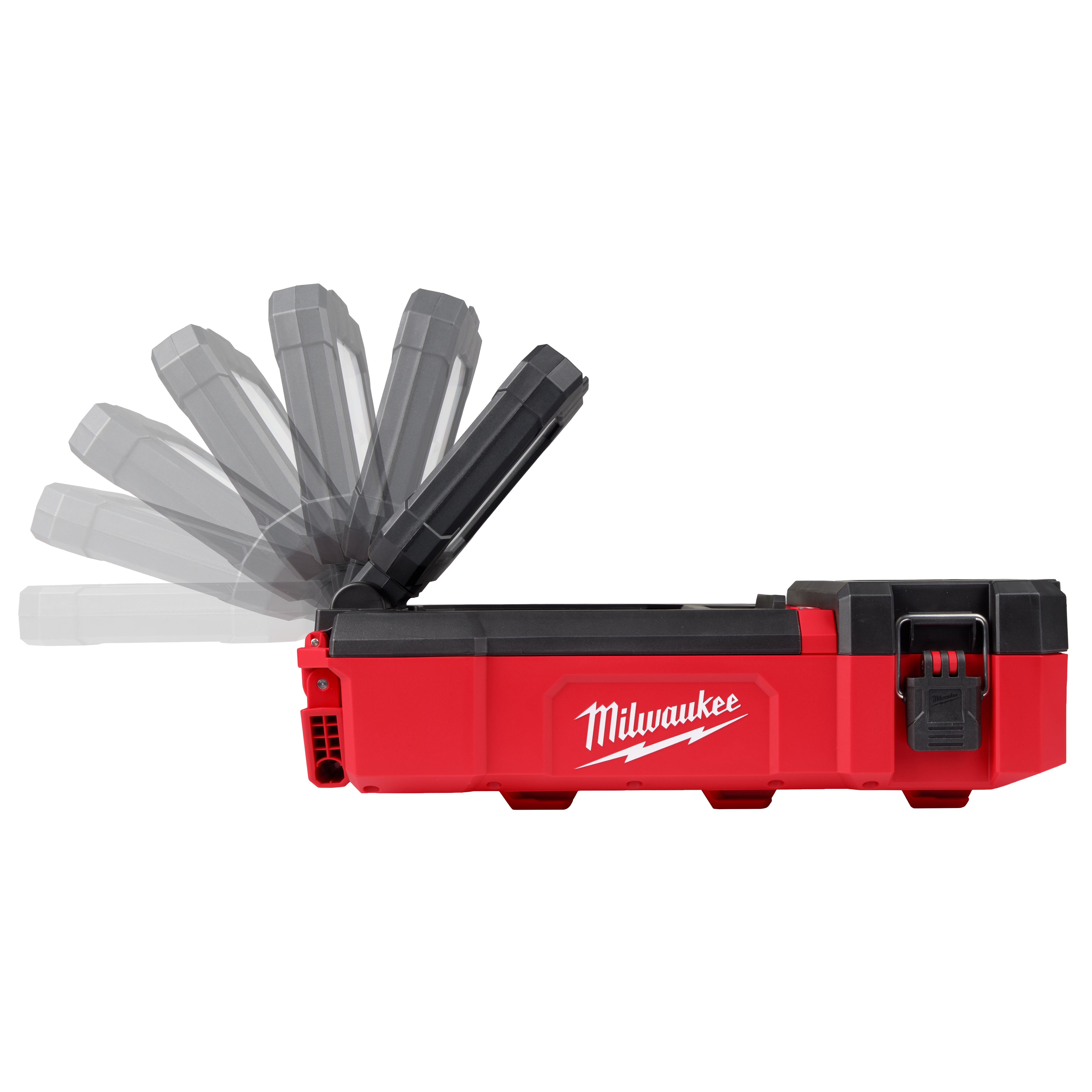 Milwaukee M12 PACKOUT Flood Light w/ USB Charging shown with adjustable light head in various positions, red and black casing.