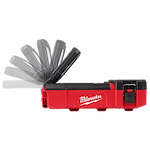 Milwaukee M12 PACKOUT Flood Light w/ USB Charging shown with adjustable light head in various positions, red and black casing.