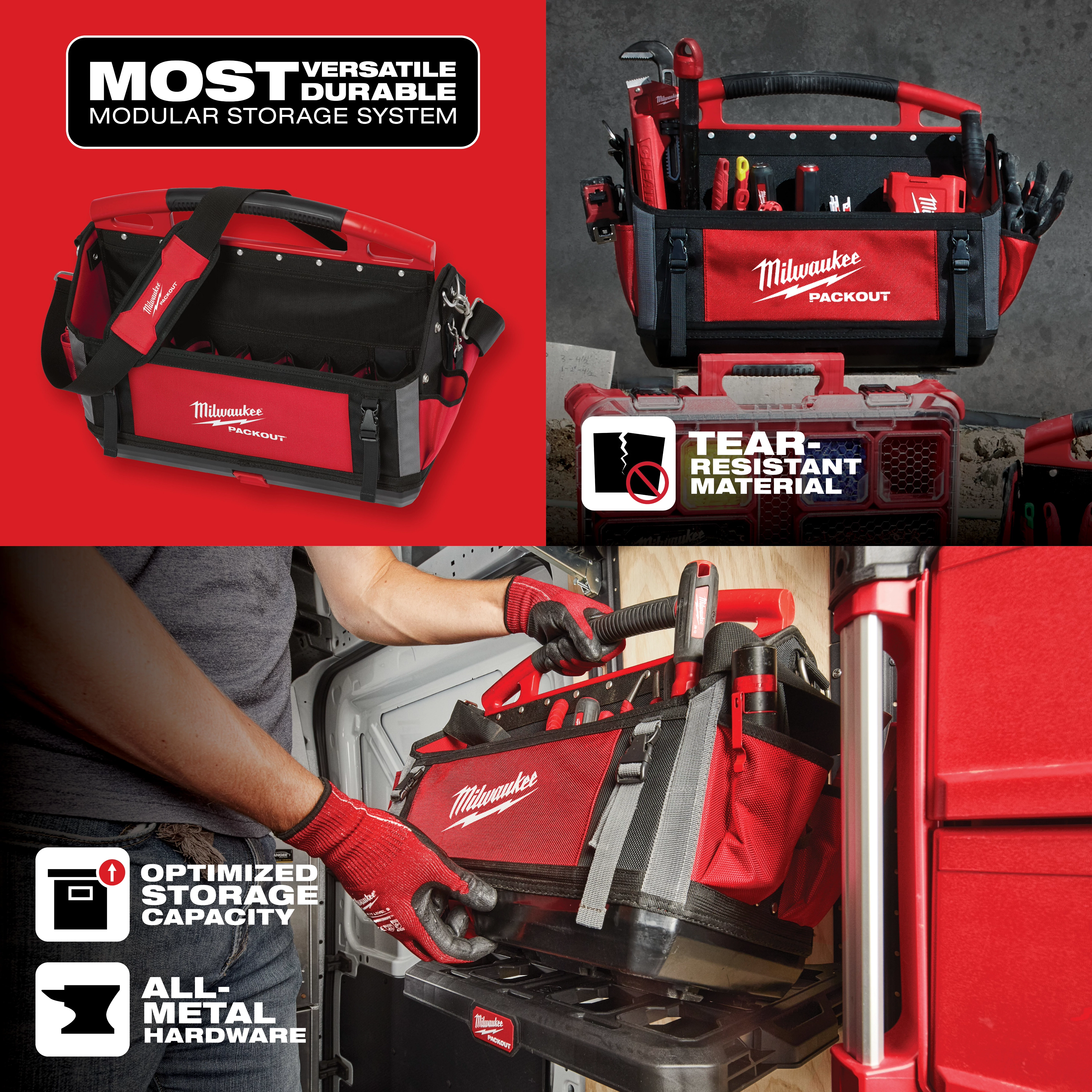 Milwaukee Packout tool bag featuring tear-resistant material, optimized storage capacity, and all-metal hardware for durability.