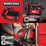 Milwaukee Packout tool bag featuring tear-resistant material, optimized storage capacity, and all-metal hardware for durability.