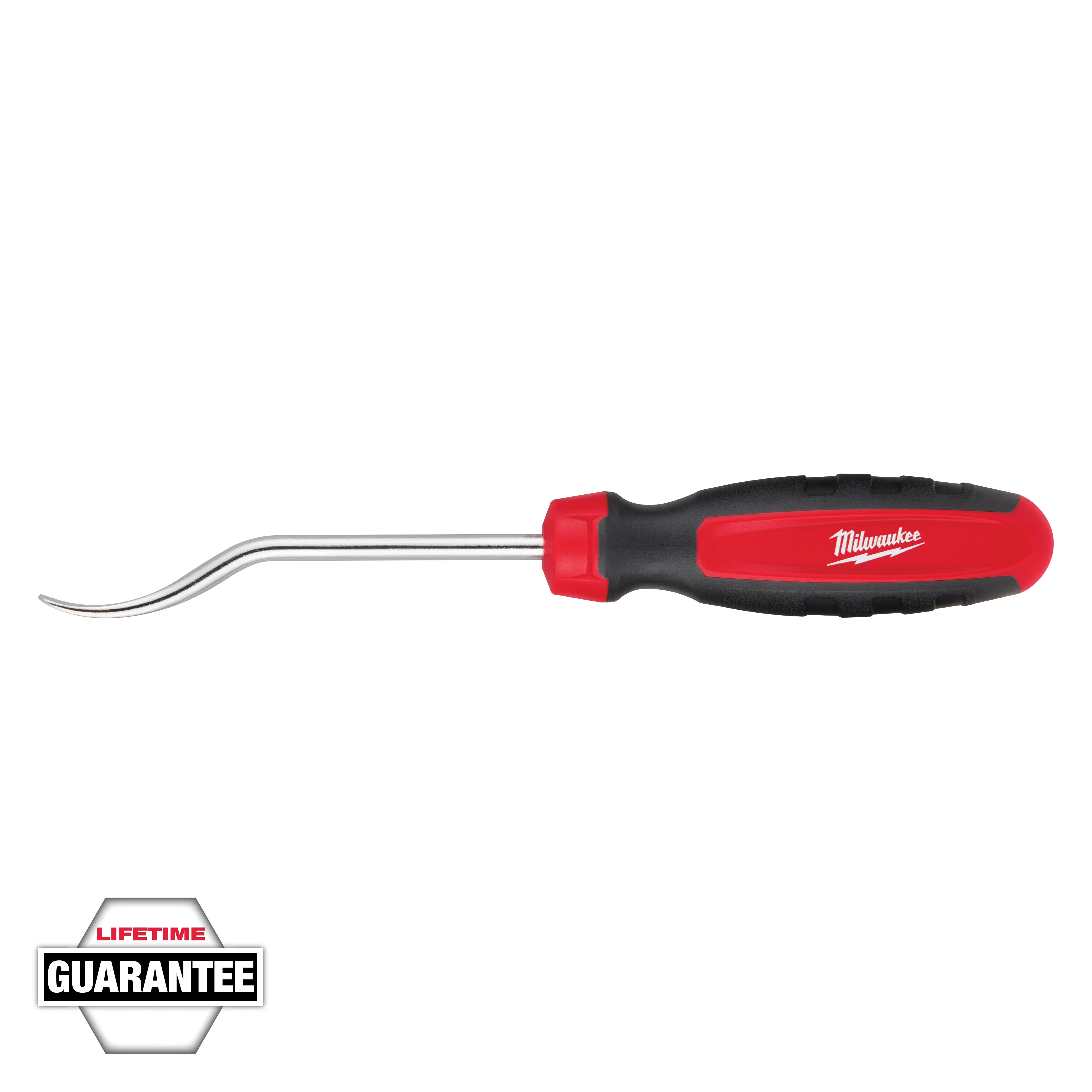 This image shows a Milwaukee hook and pick tool with a red and black handle and a curved metal end. The Milwaukee logo is printed on the handle. A "Lifetime Guarantee" badge is displayed in the lower left corner.