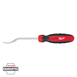 This image shows a Milwaukee hook and pick tool with a red and black handle and a curved metal end. The Milwaukee logo is printed on the handle. A "Lifetime Guarantee" badge is displayed in the lower left corner.