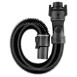 The image depicts a Milwaukee 1-7/8" x 6' Flexible Hose, designed for use with vacuum systems. The black, ribbed hose is coiled with connectors on both ends, featuring a latch mechanism to secure attachments.