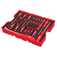 The image shows a 17PC Screwdriver & Pry Bar Set with Tray for PACKOUT™ Drawers. The set includes various sizes of red-handled screwdrivers and pry bars, neatly organized in a red tray, designed to fit PACKOUT™ storage drawers.