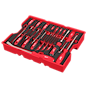 The image shows a 17PC Screwdriver & Pry Bar Set with Tray for PACKOUT™ Drawers. The set includes various sizes of red-handled screwdrivers and pry bars, neatly organized in a red tray, designed to fit PACKOUT™ storage drawers.