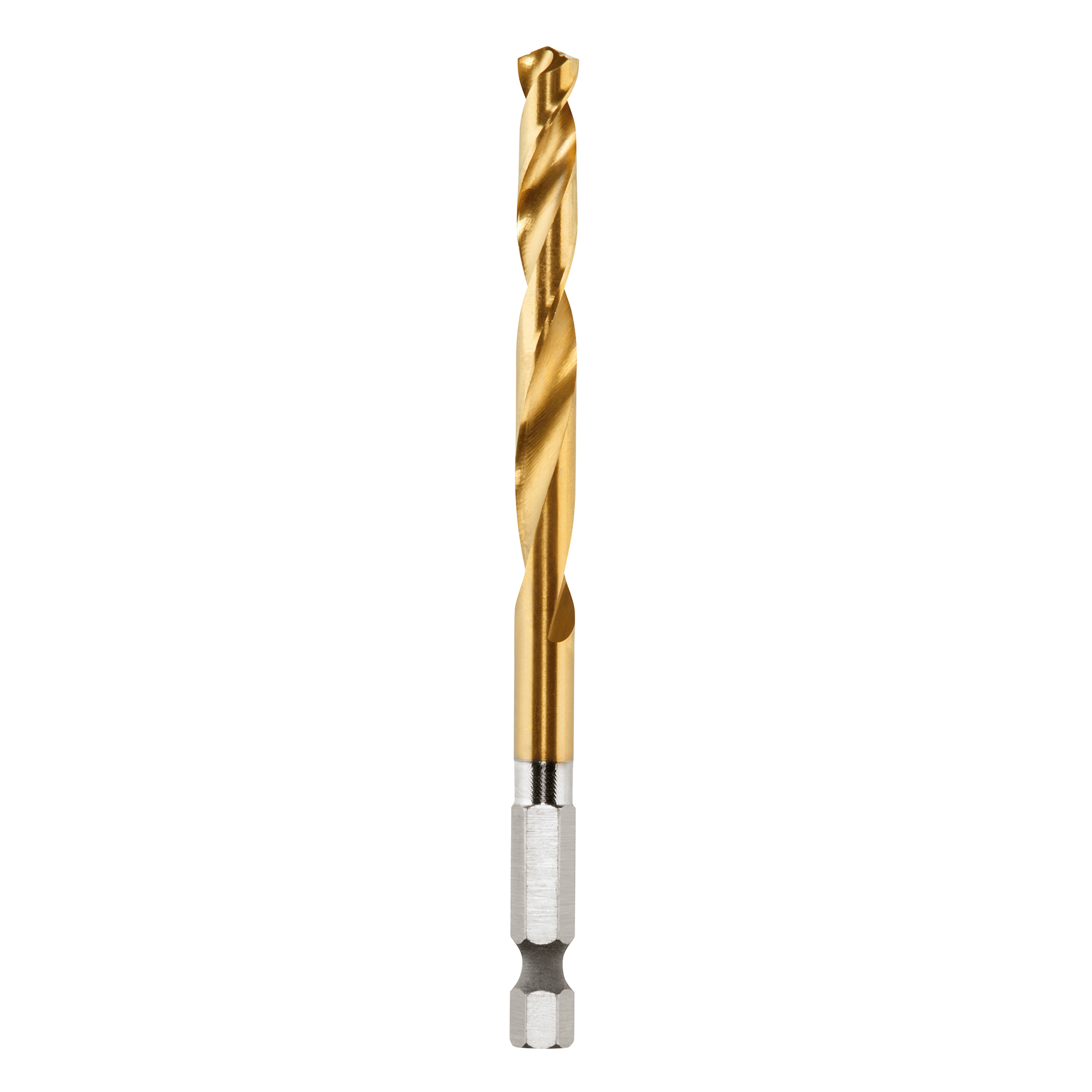17/64" SHOCKWAVE RED HELIX Titanium Drill Bit with a hex shank, gold-colored twist shaft, and silver base for high durability.
