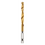 17/64" SHOCKWAVE RED HELIX Titanium Drill Bit with a hex shank, gold-colored twist shaft, and silver base for high durability.