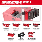 The image shows the PACKOUT™ Rolling Drawer Tool Box and its compatible attachments, including M18™ and M12™ Battery Rack Attachments, 3-Hook Attachment, Caddy Attachment, Tray Attachment, Compact Plate, and Long Tool Holder Attachment, highlighting their tool organization and storage capabilities.
