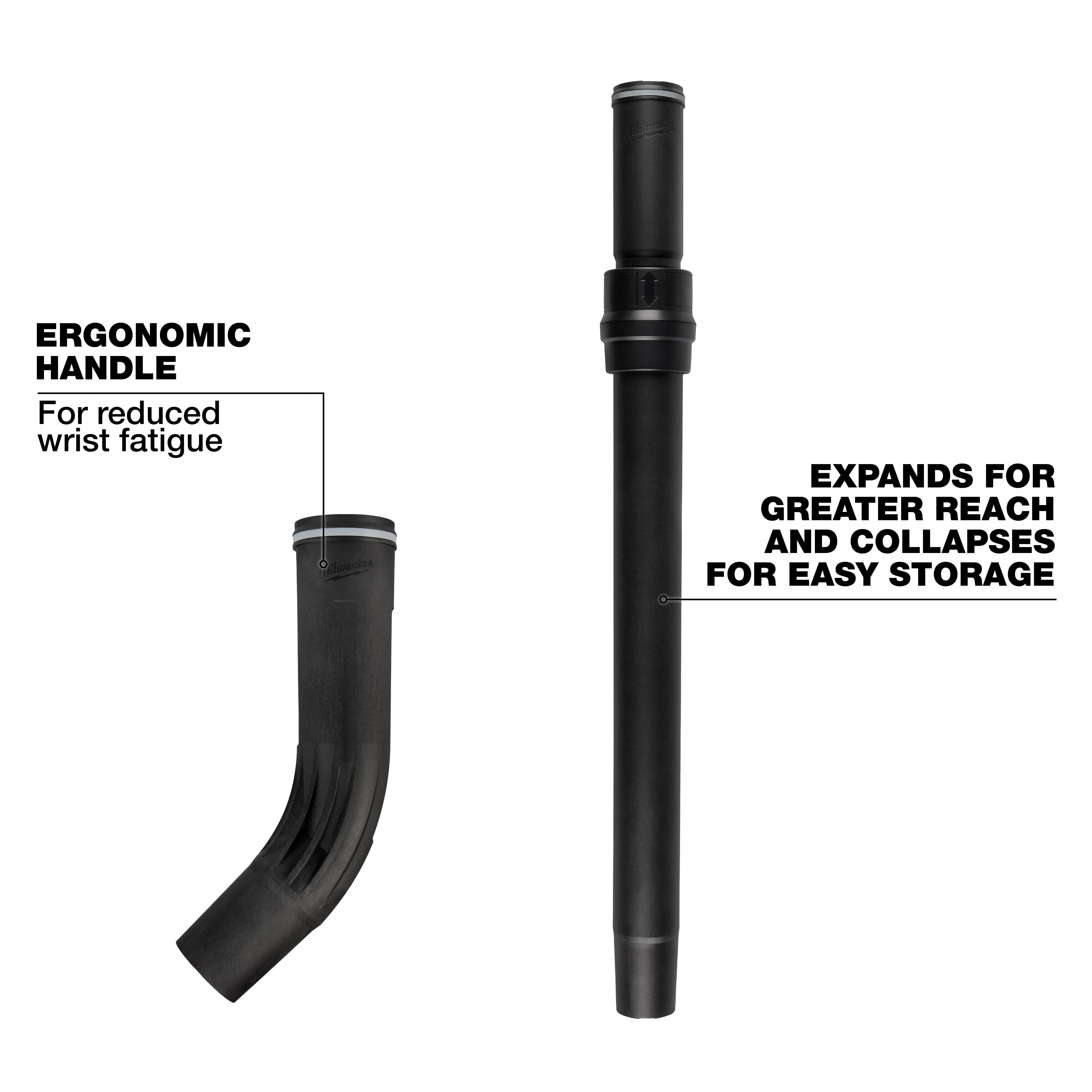 1-7/8" Telescoping Wand & Ergonomic Handle with black finish. The ergonomic handle reduces wrist fatigue, and the telescoping wand expands for greater reach and collapses for easy storage.