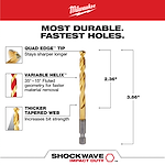 The Shockwave 15/64 in. Titanium Drill Bit features a Quad Edge tip for durability, Variable Helix for material removal, and a thicker tapered web for increased strength. Measurements indicated are 2.36 inches and 3.86 inches. The drill bit is marketed as most durable for fastest holes.