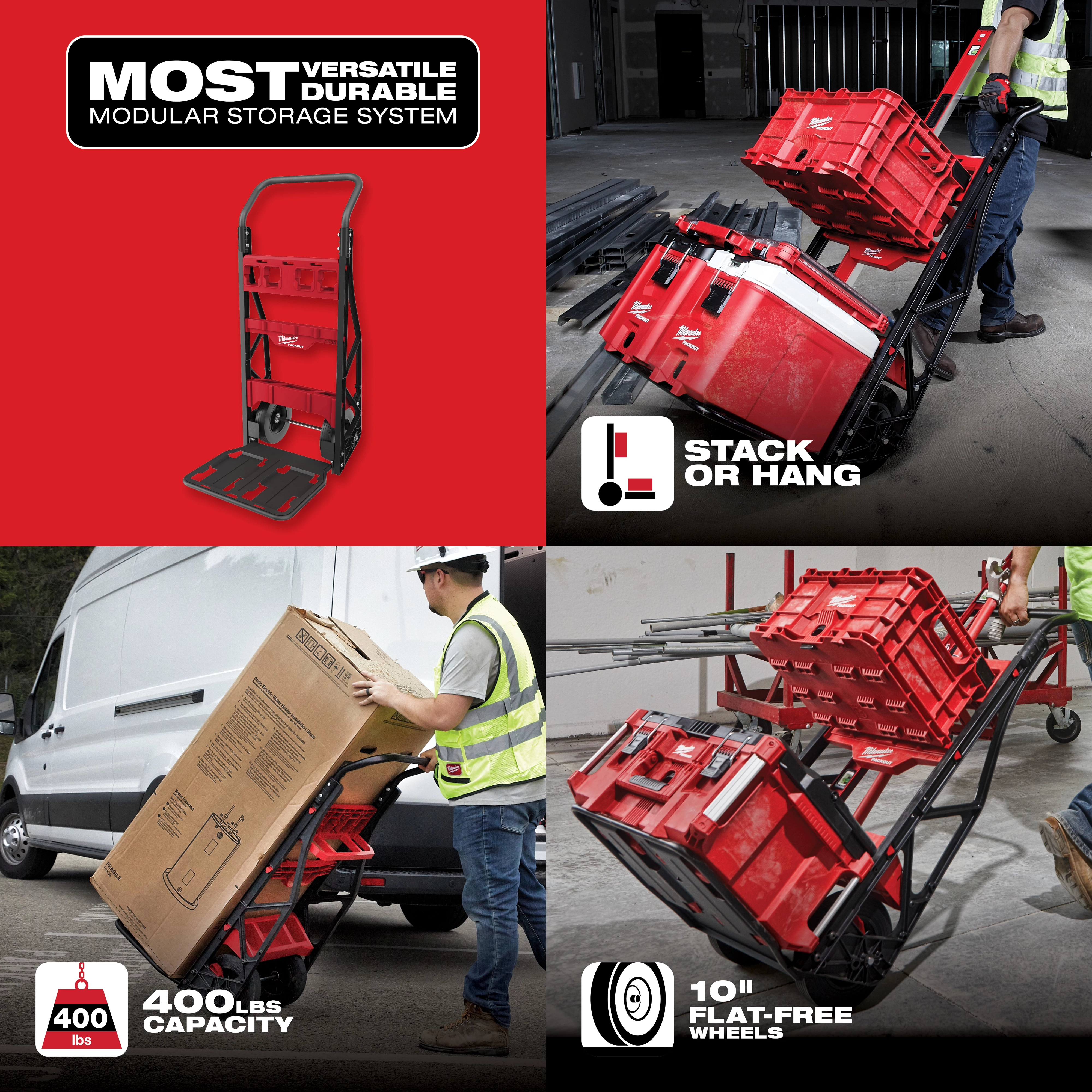 Hover Image of a modular storage system dolly with a 400 lbs capacity and 10" flat-free wheels, shown carrying heavy boxes and storage bins.