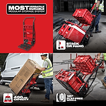 Hover Image of a modular storage system dolly with a 400 lbs capacity and 10" flat-free wheels, shown carrying heavy boxes and storage bins.