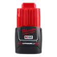 The image shows a Milwaukee M12 RED LITHIUM CP 2.0 battery pack. It is black and red, with the brand name "Milwaukee" and the product name clearly printed on the front. The battery pack is designed for use with Milwaukee M12 power tools.