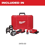 Milwaukee 2473-22 kit includes a red case, crimping tool, battery, charger, and interchangeable crimping heads.