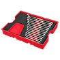 A 15PC Metric Combination Wrench Set with Tray for PACKOUT™ Drawers. The set includes 15 wrenches neatly organized in a black and red tray, designed to fit securely in PACKOUT™ drawers.
