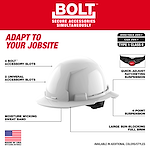 The image shows a BOLT™ White Full Brim Hard Hat w/4pt Ratcheting Suspension (USA) - Type 1, Class E. It highlights features like 4 BOLT™ accessory slots, 2 universal accessory slots, a moisture-wicking sweatband, large sun-blocking full brim, and a quick-adjust ratcheting 4-point suspension. The hard hat complies with ANSI/ISEA Z89.1 and CSA Z94.1 standards. The product is made in the USA and available in additional colors/styles.