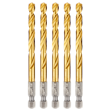 Five Red Helix Titanium Impact Drill Bits are aligned vertically. Each bit has a gold-colored titanium coating and a silver, hexagonal base for secure attachment to a drill. These bits are designed for enhanced durability and impact resistance during heavy-duty drilling tasks.