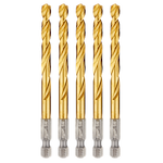 Five Red Helix Titanium Impact Drill Bits are aligned vertically. Each bit has a gold-colored titanium coating and a silver, hexagonal base for secure attachment to a drill. These bits are designed for enhanced durability and impact resistance during heavy-duty drilling tasks.
