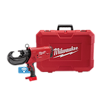 The M18™ FORCE LOGIC™ 750 MCM Crimper w/ #6 - 750 MCM Al Dies Kit is a red handheld electrical tool designed for crimping aluminum wires. It is shown with a matching red storage case displaying Milwaukee branding on the front. The tool features an ergonomic handle and connectivity symbol.