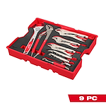 The 9pc. Pliers & Wrench Set with Tray for PACKOUT™ Drawers includes various pliers and wrenches organized in a red tray with black padding. Each tool has red handles and comes in different sizes. The set is designed to fit perfectly in PACKOUT™ storage drawers.