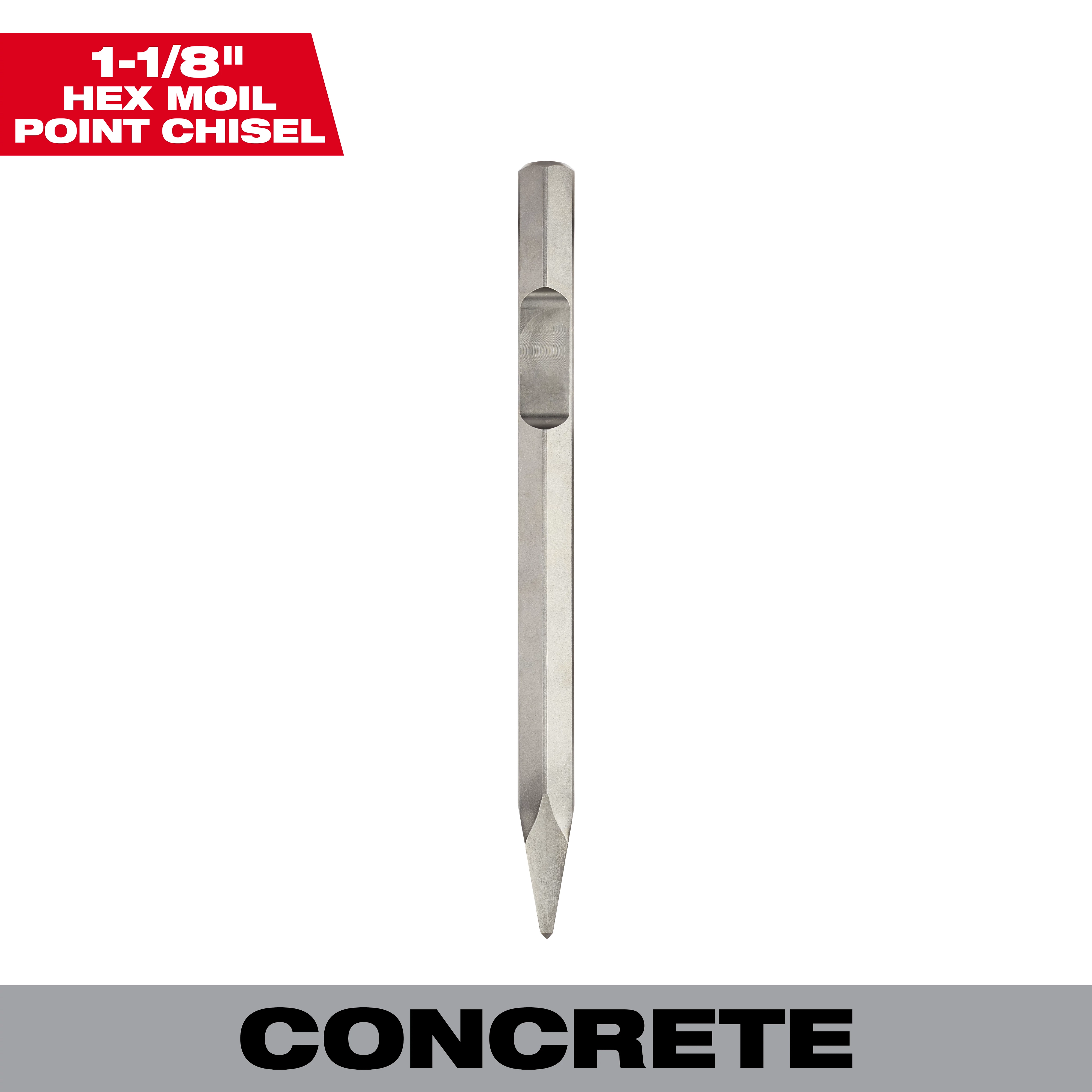 1-1/8 in. x 16 in. Steel Hex Moil Point Chisel designed for concrete work. Silver with a hexagonal shape and pointed tip.