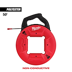 Milwaukee polyester fish tape, 50 feet, non-conductive, black handle. Red circular case with squared interior cutout for storage.