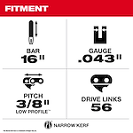 Specifications for a chainsaw, including a 16-inch bar, a gauge of .043 inches, a pitch of 3/8 inches, and 56 drive links