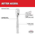 An image of a Milwaukee ratchet features labeled attributes such as a slim profile head, chrome-plated rust protection, a 4° arc swing, 90-tooth design, flush directional lever, and stubby handle for tight spaces. The top text reads "Better Access," and a "Lifetime Guarantee" logo is displayed.