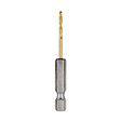 Red Helix Titanium Impact Drill Bit with a metallic silver hex shank and a gold titanium-coated cutting tip, designed for high durability and optimal performance in drilling applications.