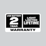 USB Battery 2 Year Warranty and Light Limited Lifetime Warranty text in black and white divided into two sections.