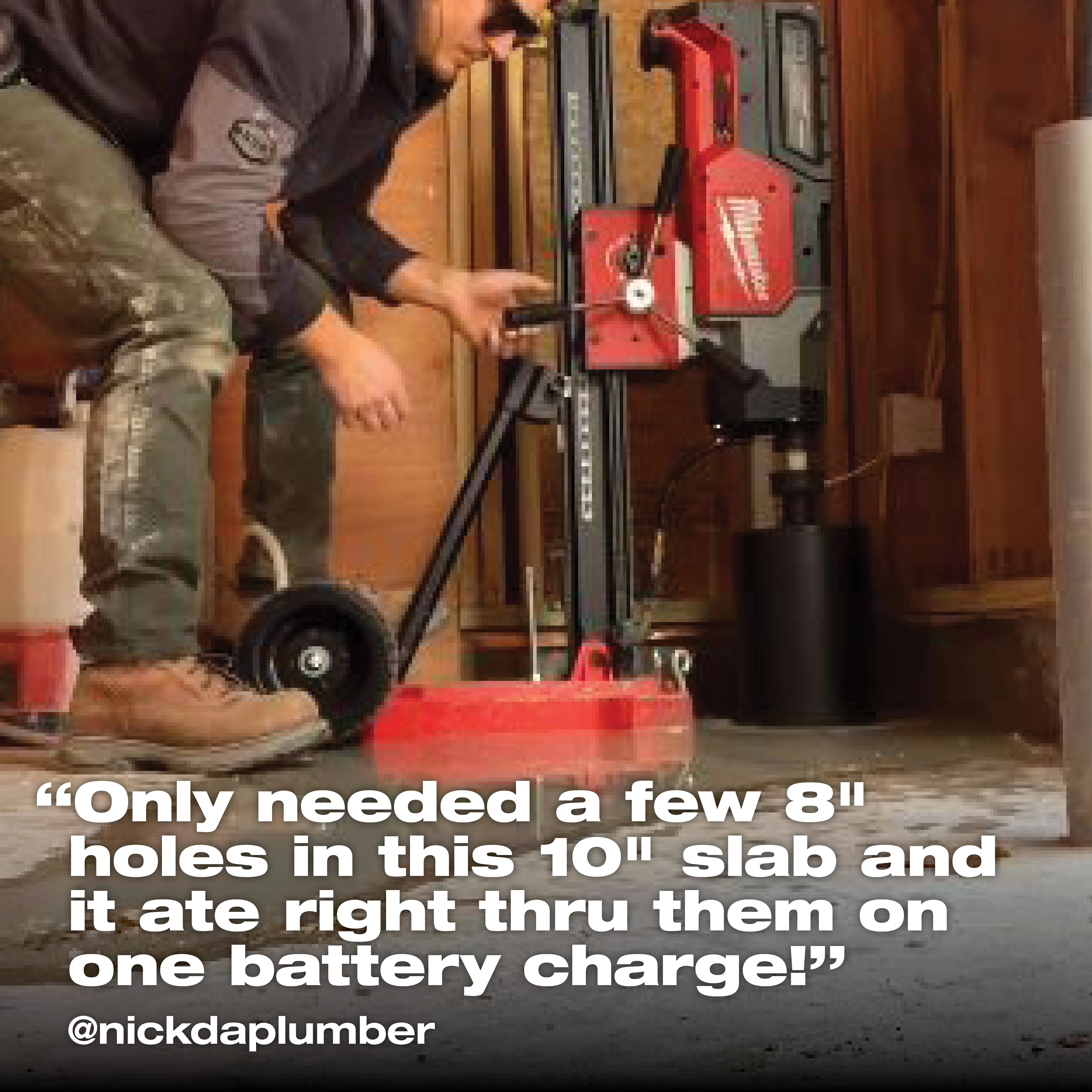 Person using a Milwaukee drill to make holes in a concrete slab; text overlay with @nickdaplumber's comment.