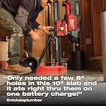 Person using a Milwaukee drill to make holes in a concrete slab; text overlay with @nickdaplumber's comment.