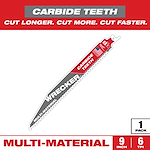 Milwaukee Wrecker multi-material reciprocating saw blade with carbide teeth, 9 inches long, and 6 teeth per inch. Packaging emphasizes durability with the slogan "Cut Longer. Cut More. Cut Faster." Includes one blade per pack. Suitable for varied materials, emphasizing toughness and longevity.